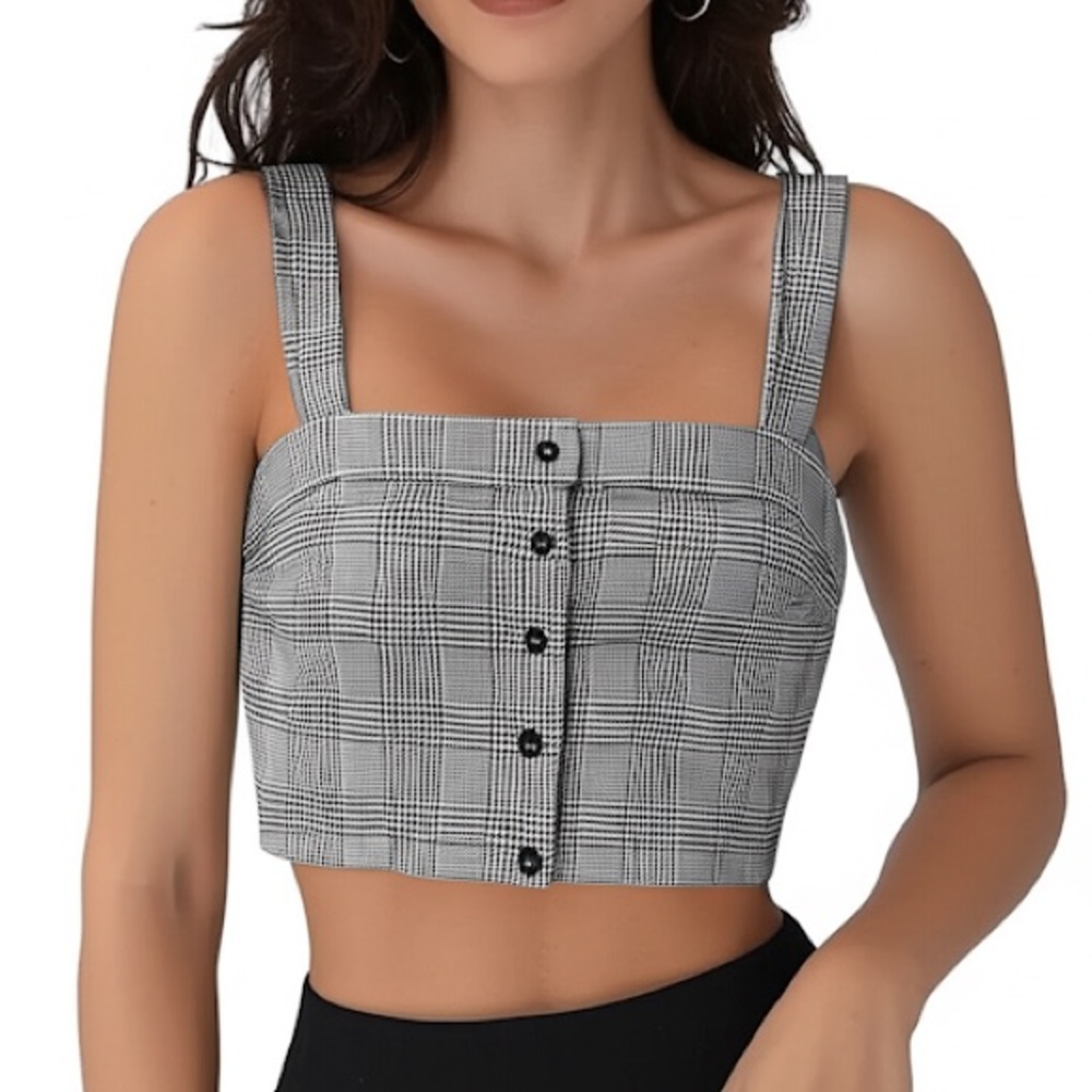 Houndstooth Cropped & Tailored Button Front Top Size Small